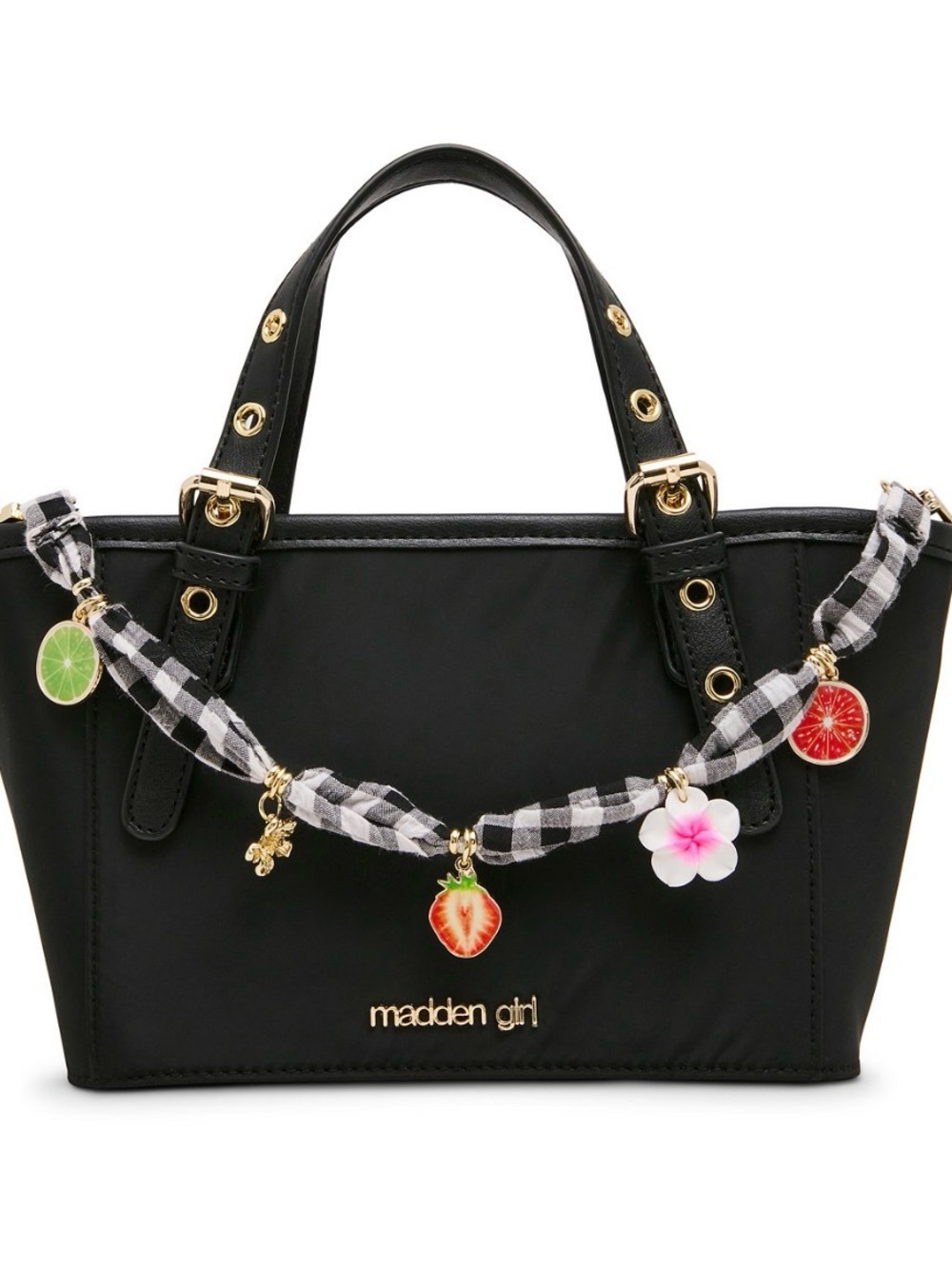 Madden Girl Black Tote with Gingham Fruit Charm Garland